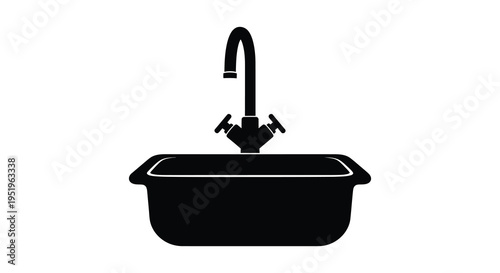 A black and white illustration of a kitchen sink with a single faucet