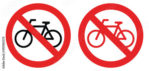 No bicycle icon set, featuring clear prohibition symbol, indicating cycling not allowed, restricted area, and traffic safety warning concept vector