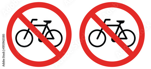 Bicycle prohibited icon collection, no cycling sign, restriction notice, and safety regulation symbol for public areas and roads vector