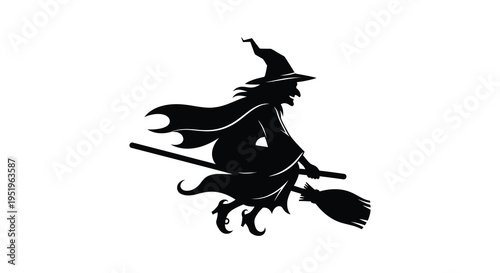 A witch flying on a broomstick in a dynamic pose with a pointed hat