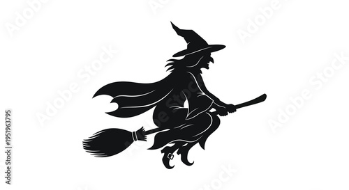 A silhouette of a witch flying on a broomstick in a dynamic pose against a white background