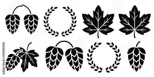 Hop leaf botanical icons illustration, black vector set with brewing elements, laurel wreath, maple and grapevine leaves for beer design.