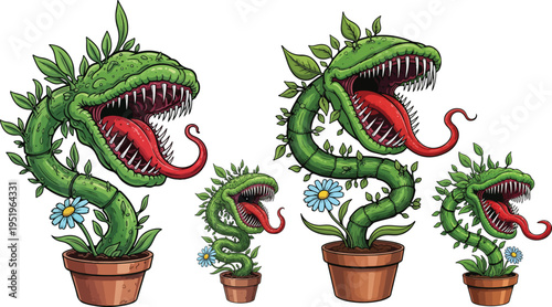 Set of 5 Cartoon Carnivorous Plants Vector Illustration with Sharp Teeth, Red Tongues, and Green Leaves in Brown Pots, Ideal for Halloween and Fantasy Designs