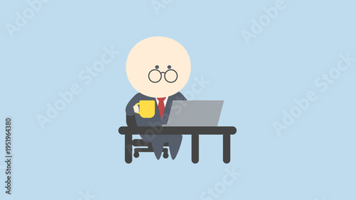 ビジネスイメージイラスト_デスクで飲み物を飲みながら作業するメガネのビジネスマン