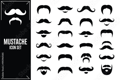 Mustache icon vector set illustration, black hipster mustache silhouettes collection on white background for barber, grooming, and style design.