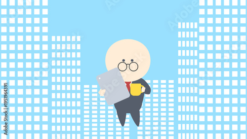 ビジネスイメージイラスト_都会で働くマグカップとタブレットを持つビジネスマ