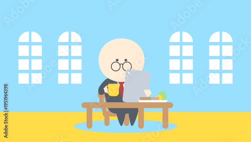 ビジネスイメージイラスト_朝食を食べながらタブレットを見るメガネのビジネスマン