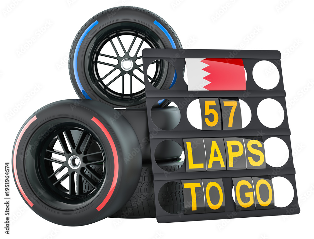 Fototapeta premium Racing in Bahrain, pit board with flag of Bahrain and racing wheels with different compounds type tyres. 3D rendering