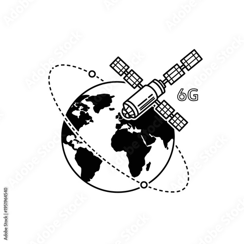 Satellite orbiting Earth with 6G technology illustration in black and white.