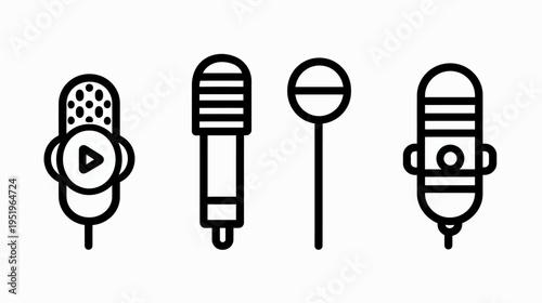 Collection of stylized, black and white line art representations of microphones on white