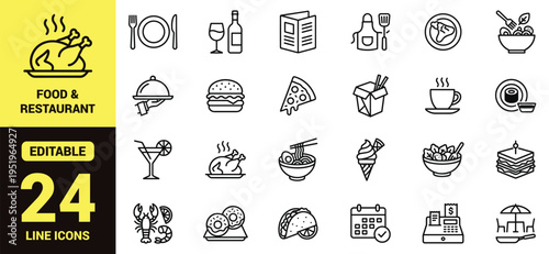 Food and dining icon set featuring meals, beverages, utensils, desserts, and high‑ranking culinary elements for restaurant menus, food blogs, delivery apps, and modern line‑art vector design