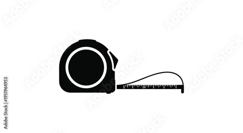 A black and white illustration of a tape measure with a circular body and extended measuring tape