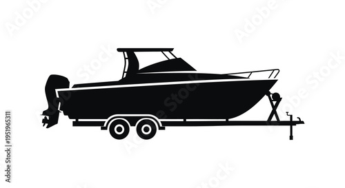 Black silhouette of a boat on a trailer against a white background