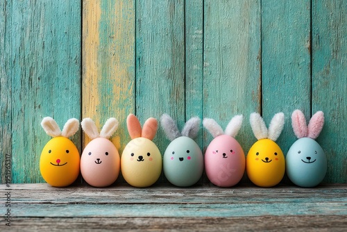 Easter Eggs with Bunny Ears on Wooden Background