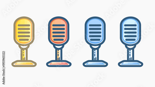 Colorful vector illustration featuring four stylized vintage microphones, with varying hues and outlines