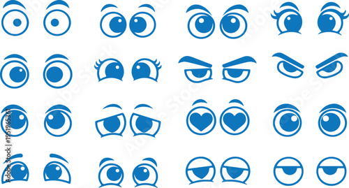 Set of 24 Blue Cartoon Eyes Vector Icons with Various Expressions for Animation, Character Design, and Web Graphics