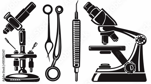 A black and white illustration of scientific equipment, including microscopes and medical tools