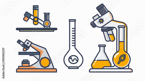Vector illustration of various scientific laboratory equipment in white, orange, and gray hues
