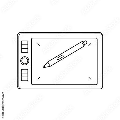 Graphic tablet with stylus pen, digital drawing device, line art illustration.