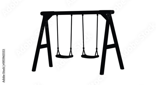 A black and white image of a wooden swing set with two swings