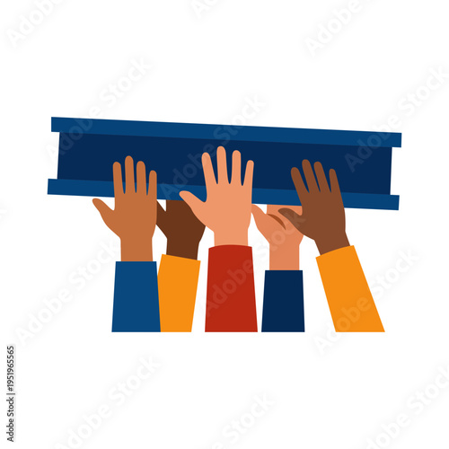 Diverse hands holding steel beam