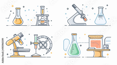 Colorful vector illustration of various scientific tools, lab equipment, beakers, and microscopes, on white