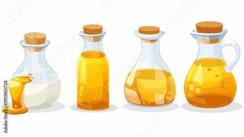 Four stylized glass bottles with contents, including honey and oils, with corks. White background