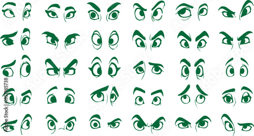 Set of 40 Cartoon Eyes Vector Illustrations in Green, Expressing Various Emotions and Expressions for Animation, Character Design, and Graphic Projects