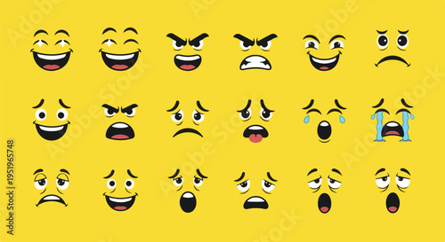 Set of 20 diverse cartoon emoji faces vector collection with various human emotions like happy, angry, sad, and surprised expressions on a vibrant yellow background