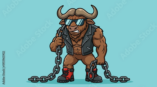 Strong and tough cartoon buffalo with big horns, wearing a cool biker jacket and sunglasses, confidently holding heavy metal chains.