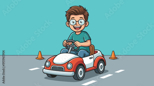 Cheerful Young Boy in Glasses Driving a Small Toy Car, Learning Traffic Rules with Cones on a Practice Track