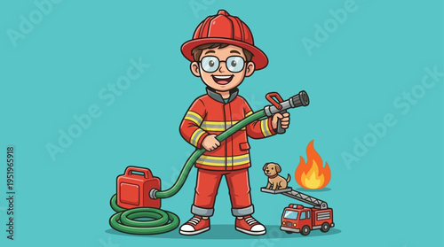 Smiling Cartoon Boy Dressed as Firefighter Extinguishing Fire with Hose to Rescue Puppy on Ladder of Fire Truck