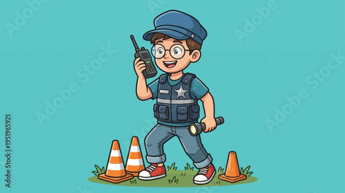 Cheerful Cartoon Boy in Police Officer Uniform with Walkie-Talkie and Flashlight, Standing Guard Among Safety Cones