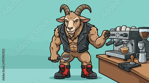 Strong Barista Goat in Leather Jacket Expertly Brewing Coffee with an Espresso Machine