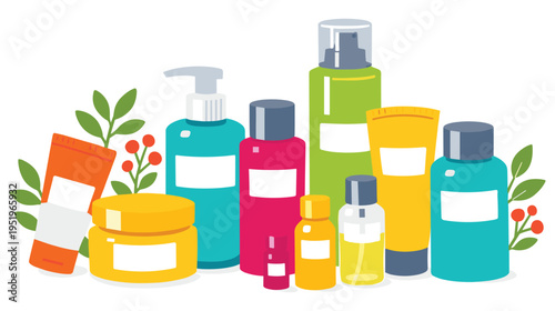 Beauty cosmetic product collection with colorful bottles and jars