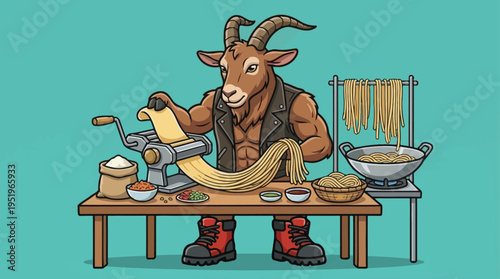 Muscular Goat Chef Preparing Fresh Handmade Pasta with a Traditional Machine in a Vibrant Culinary Scene