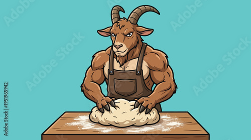 Strong Muscular Goat Character in Apron Kneading Dough on Wooden Table. Cartoon Illustration for Baking and Culinary Arts.
