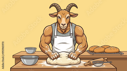 Muscular Anthropomorphic Goat Baker Kneading Fresh Bread Dough. Humorous Cartoon Illustration of a Dedicated Animal Chef in a Bakery Setting.