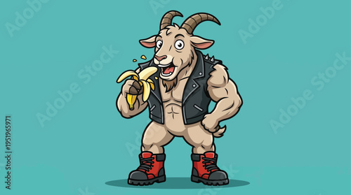 Muscular Anthropomorphic Goat Character in Rocker Vest and Boots Happily Eating a Banana on Teal Background