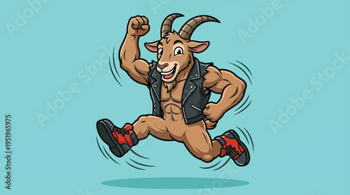 Energetic Cartoon Muscular Goat Mascot Running with Power and Determination in Biker Style Vest