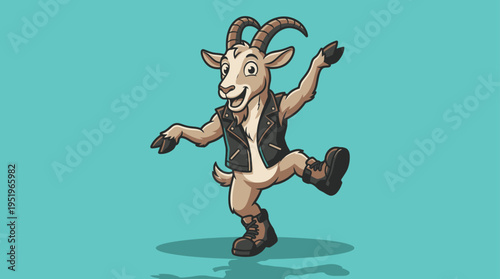 Energetic Cartoon Rocker Goat in Leather Vest and Red Boots Dancing Joyfully on Teal Background