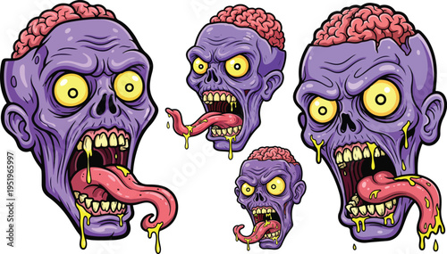 Creepy Cartoon Zombie Heads Vector Set with Exposed Brains, Long Tongues, and Drooling Mouths for Halloween and Horror Designs