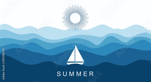 Summer sailboat vector illustration with sun and ocean waves