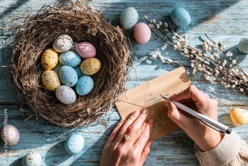 Hands Writing on Card Next to Easter Egg Nest on Wooden Table