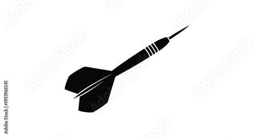 A black dart with a pointed tip and fletching on a white background