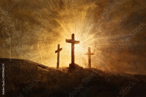 Three Crosses on Hill with Golden Sunset