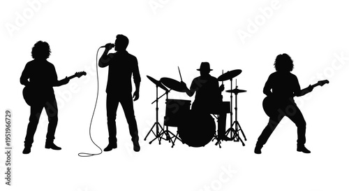 Silhouette of a rock band performing on stage with musical instruments