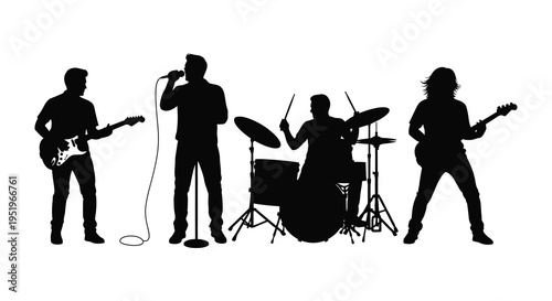 Silhouette of a rock band performing on stage with musical instruments