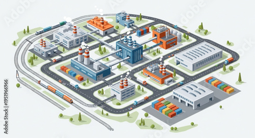 Isometric Industrial Complex Illustration with Factories and Infrastructure.