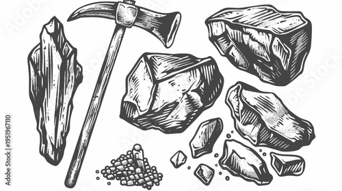 Black and white illustration of various minerals, a pickaxe, and a cluster of small rocks
